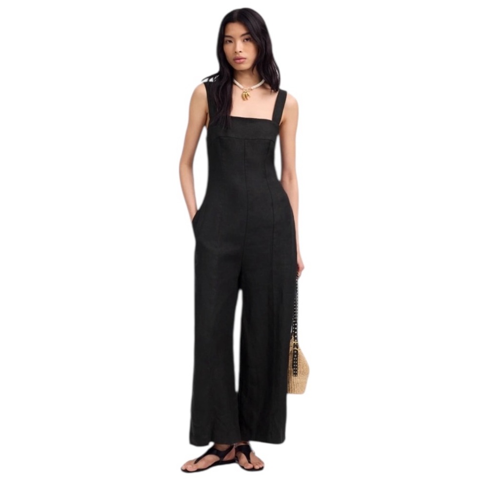 NEW MADEWELL Black‎ Square Neck Wide-Leg Jumpsuit in 100% Linen Size 4